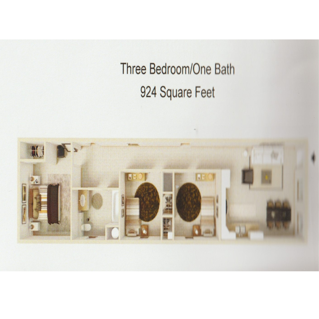 Floor plan for 3 beds, 1 bath, 924 sqft